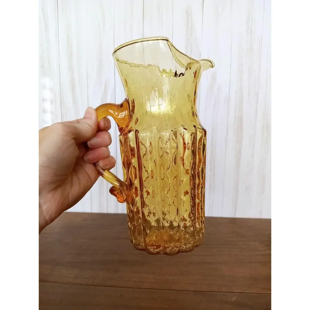 Vintage Amber Ribbed Glass Pitcher - Picture 7 of 8